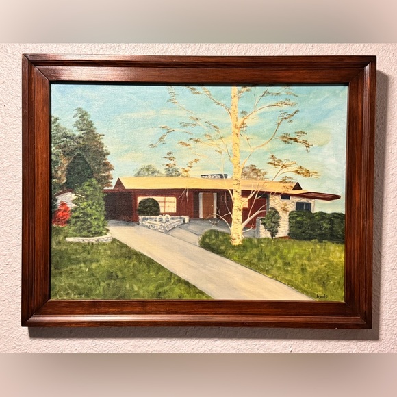 VTG MCM House W/ water Fountain Oil Painting On Canvas 27”x21”Signed Annde - Picture 1 of 15
